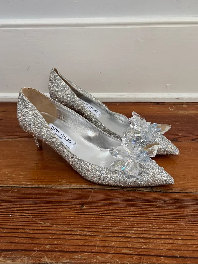 Jimmy Choo "Cinderella" Allure Crystal Covered Pointy Toe Pumps Heels 9 / 39 in silver|gray|white Suede from Poshmark