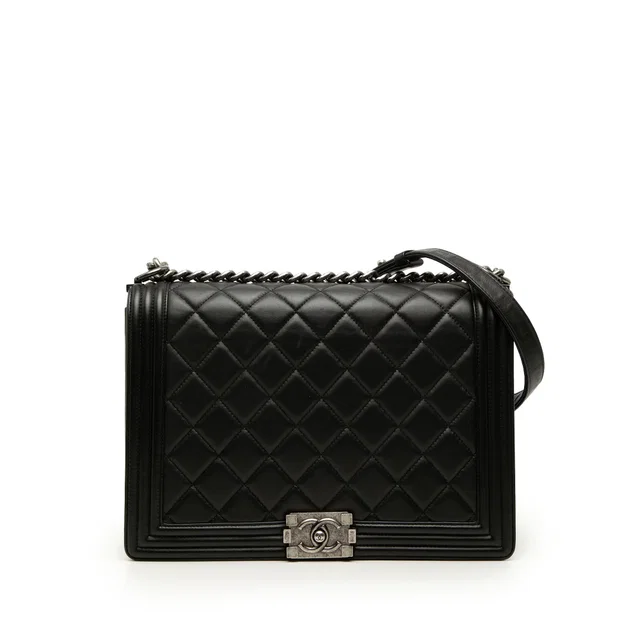 Black Chanel Large Quilted Lambskin Boy Flap Crossbody Bag in Black Lambskin from Designer Revival