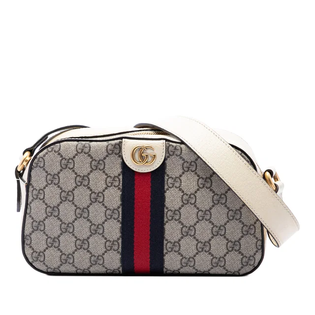 Beige Gucci Small GG Supreme Textured Calfskin Web Ophidia Camera Bag in Beige Calfskin from Designer Revival