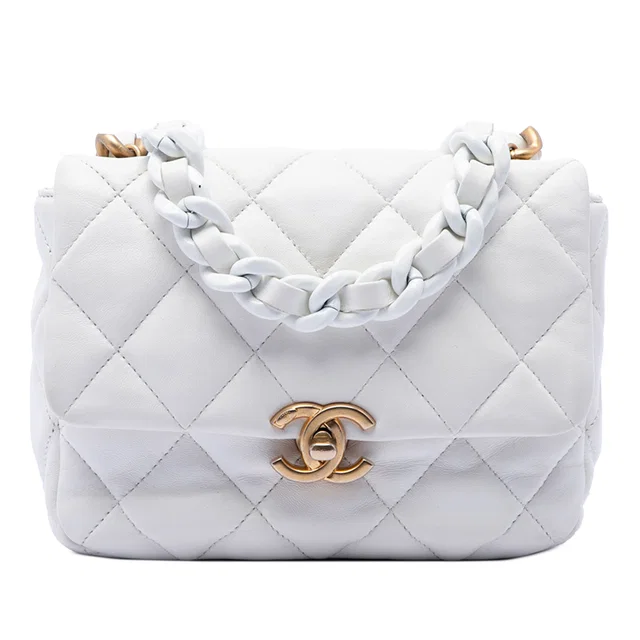 White Chanel Mini Quilted Lambskin Lacquered Chain Flap Crossbody Bag in White Lambskin from Designer Revival