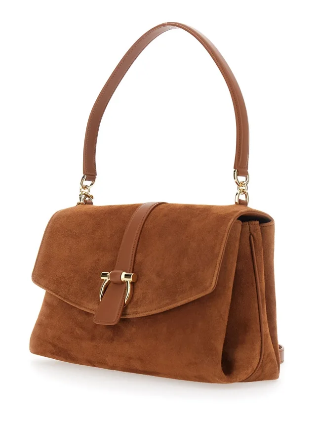 FERRAGAMO Brown Crossbody bag with Adjustable and Removable Strap and Closure with Gancini Plaque in Suede for Women in Brown 92% Goat 8% Calf, photo 3 of 12 from Gaudenzi Boutique