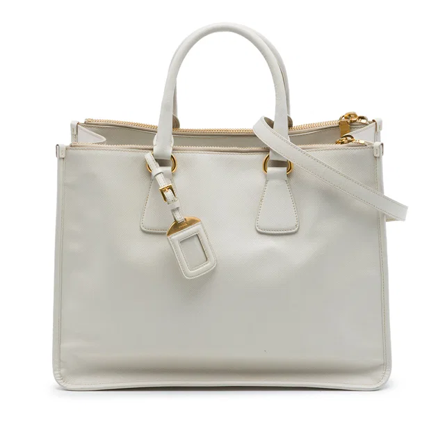 White Prada Saffiano Lux Double Zip Satchel in White Saffiano leather from Designer Revival