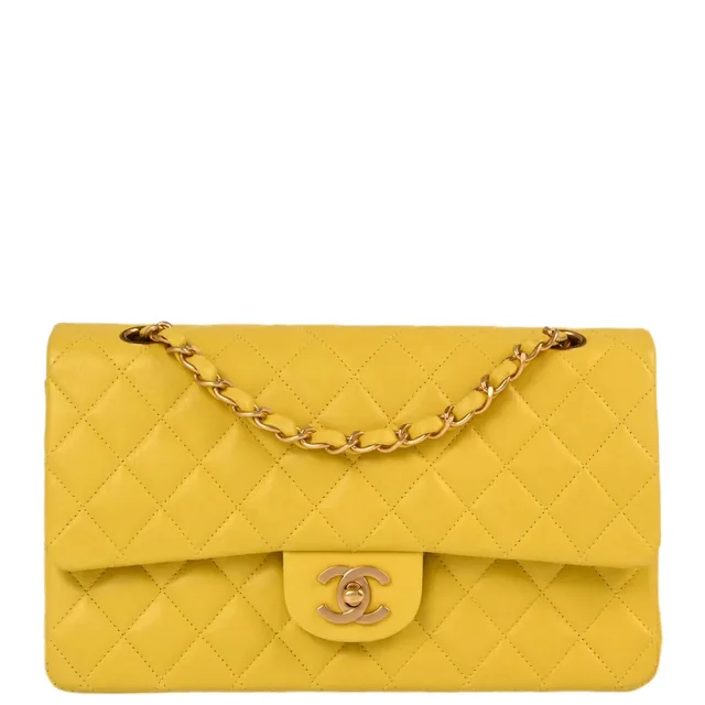 Chanel 2000-2001 Yellow Lambskin Medium Classic Double Flap Shoulder Bag in Yellow Lambskin from AMORE Vintage Tokyo