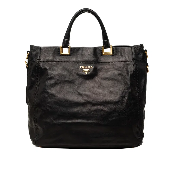 Black Prada Glace Calf Open Convertible Tote Satchel in Black Leather from Designer Revival