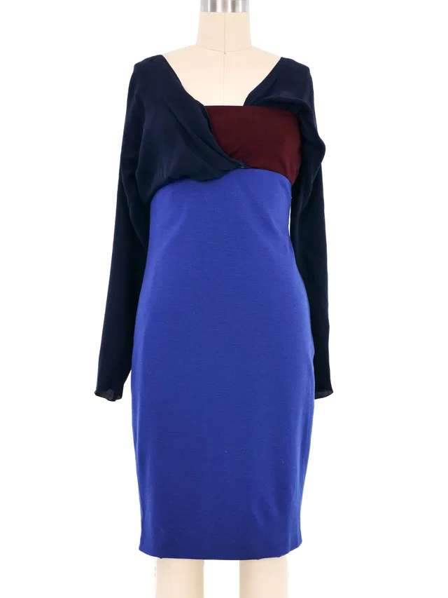 1997 Gianni Versace Navy Colorblock Cocktail Dress in Navy Wool from Arcade Vintage