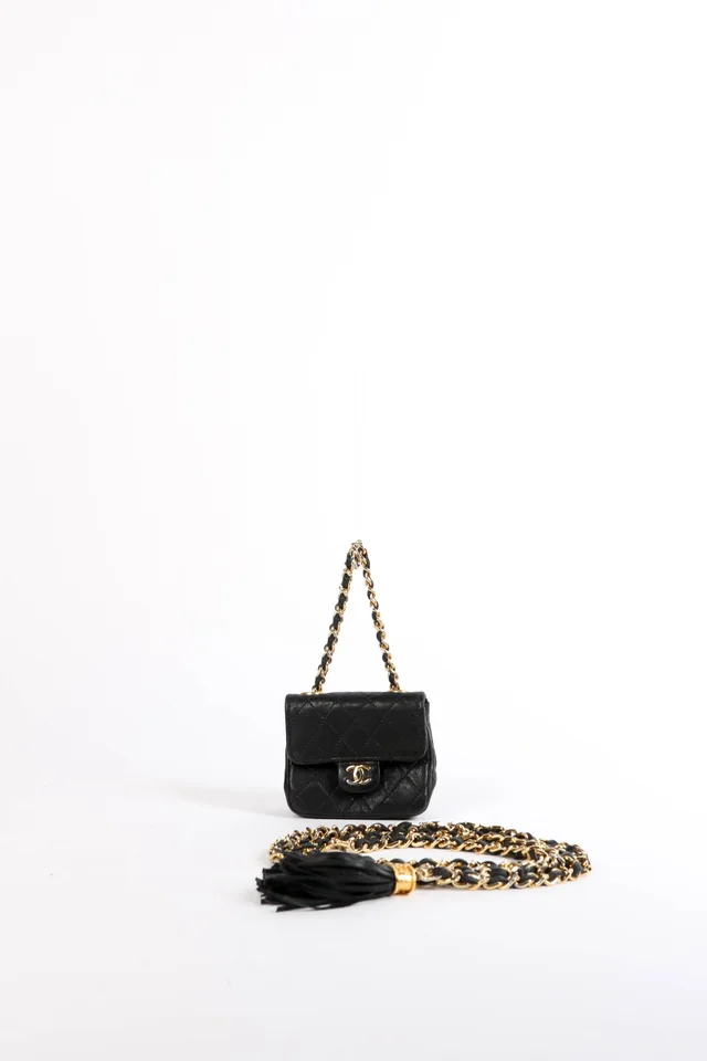 90s Chanel Black Lambskin Leather Belt Bag in Black Lambskin from Break Archive