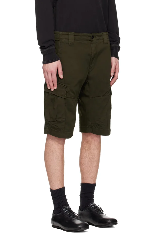 C.P. Company Khaki Stretch Sateen Cargo Lens Shorts, photo 2 of 4 from SSENSE