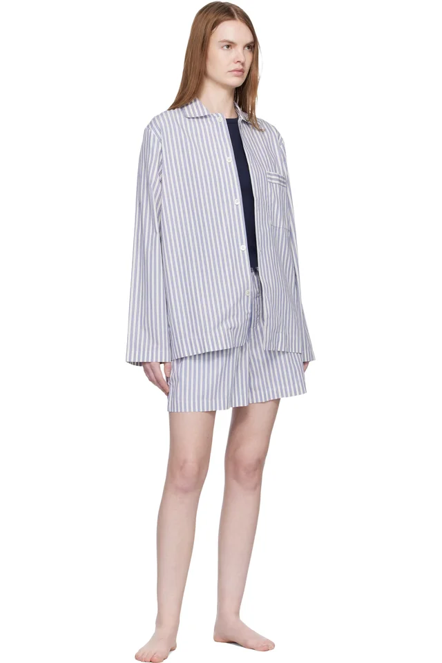 Tekla White & Blue Poplin Pyjama Shorts, photo 4 of 4 from SSENSE