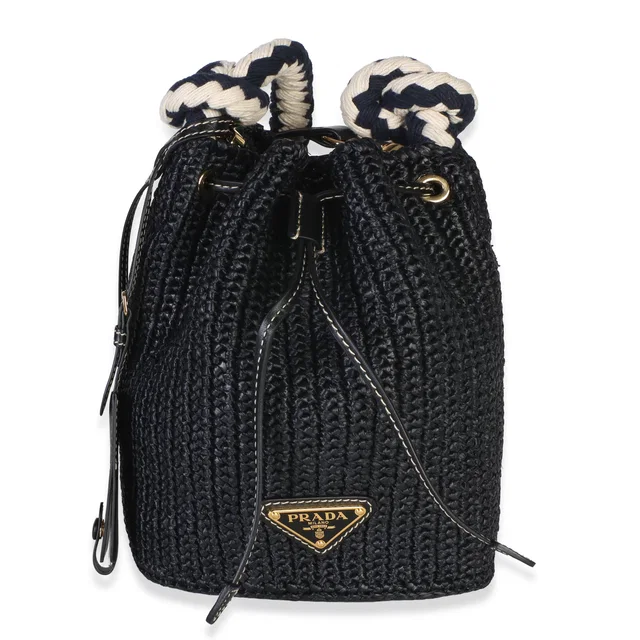 Prada Black Yarn Raffia Effect Crochet Mini Drawstring Bucket Bag in Black Raffia from myGemma