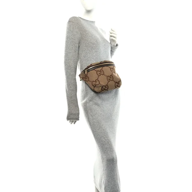 Gucci Monogram Jumbo GG Textured Dollar Calfskin Web Belt Bag Camel Ebony New Acero in Brown Calfskin from FASHIONPHILE, photo 2 of 10