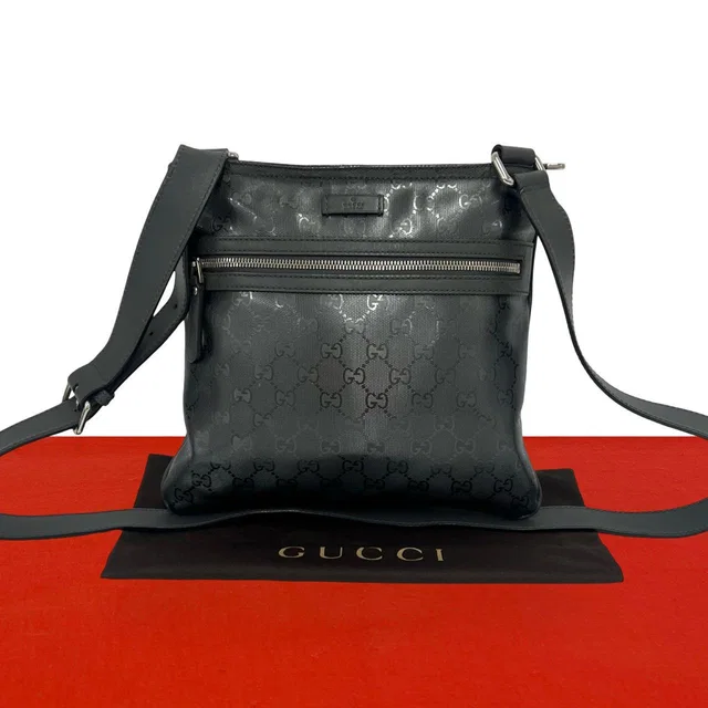 Gucci Imprime GG Pattern Leather Shoulder Bag Crossbody Pochette Cross Gray in Grey Leather from The Reluxe