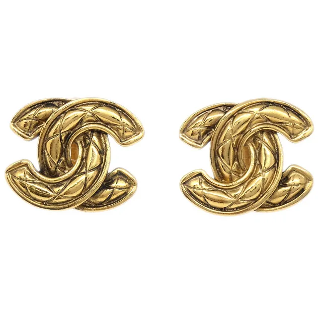 Chanel Quilted Earrings Clip-On Gold 2459 in Gold from AMORE Vintage Tokyo