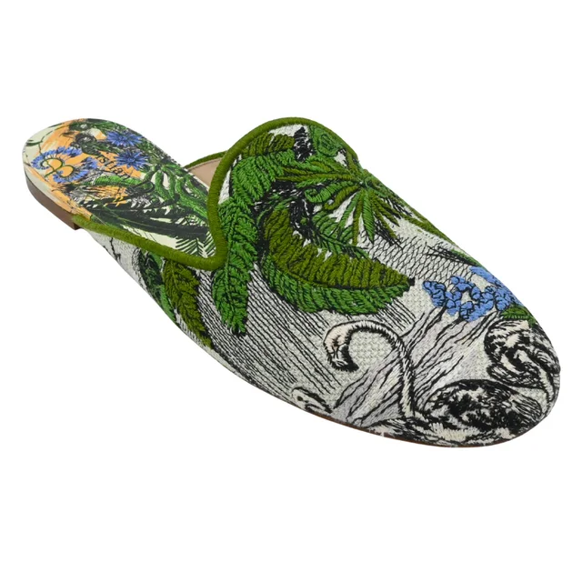 Dior Green Toile de Jouy Tropical Embroidered Mules in Green from Clotheshorse Anonymous