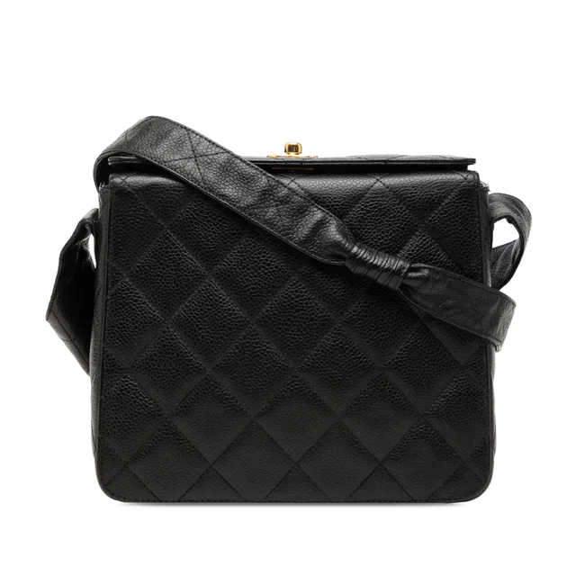 Black Chanel CC Quilted Caviar Carved Buckle Box Bag in Black Caviar leather from Designer Revival