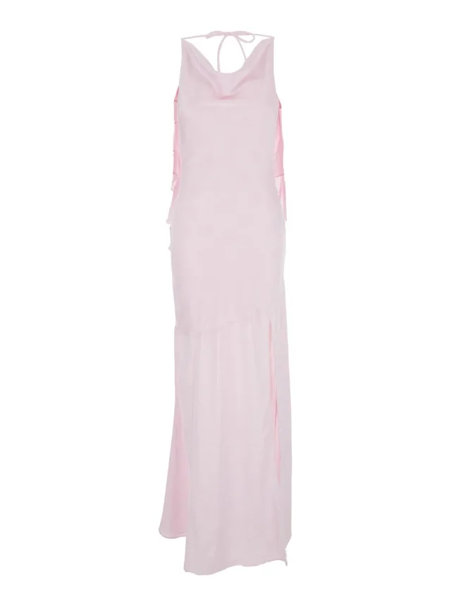 Long Dress 'Rosa' with Back Opening and Draped Details in Pink Fabric for Women in Pink, image 1 of 1 from Gaudenzi Boutique
