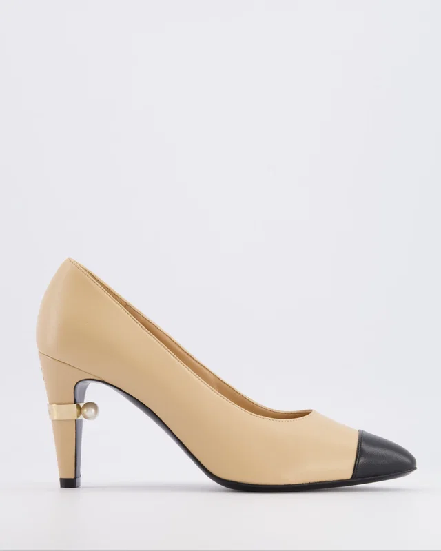 Chanel Beige Heeled Pumps with Black Toe Cap and Champagne Gold Logo with Pearl Detail Size EU 38.5 in Black from Sellier