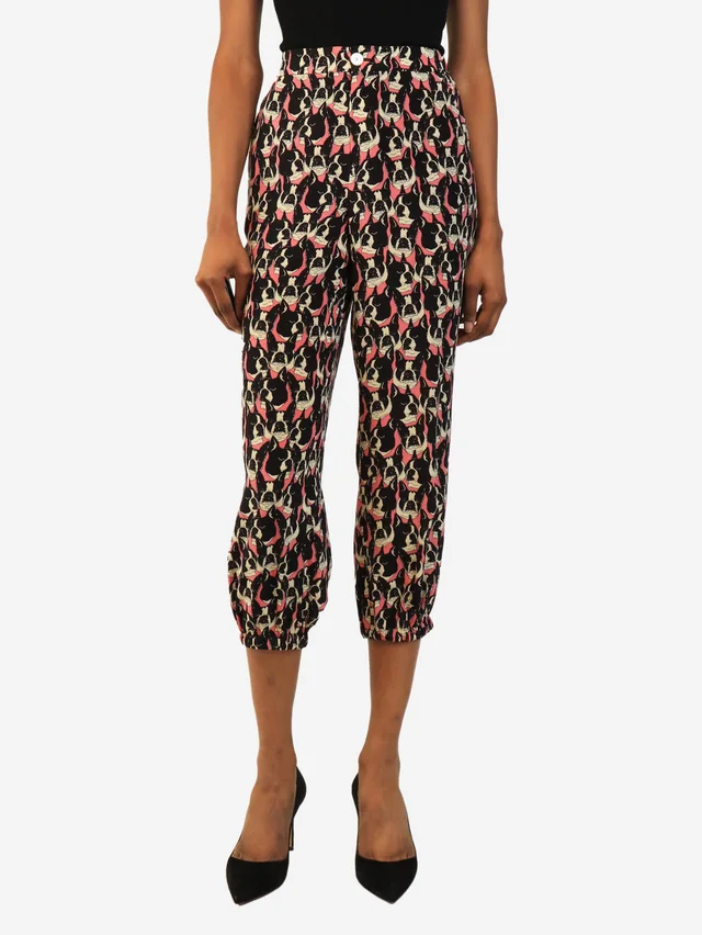 Gucci Black and pink cropped bulldog silk trousers - size UK 8 from Sign of the Times