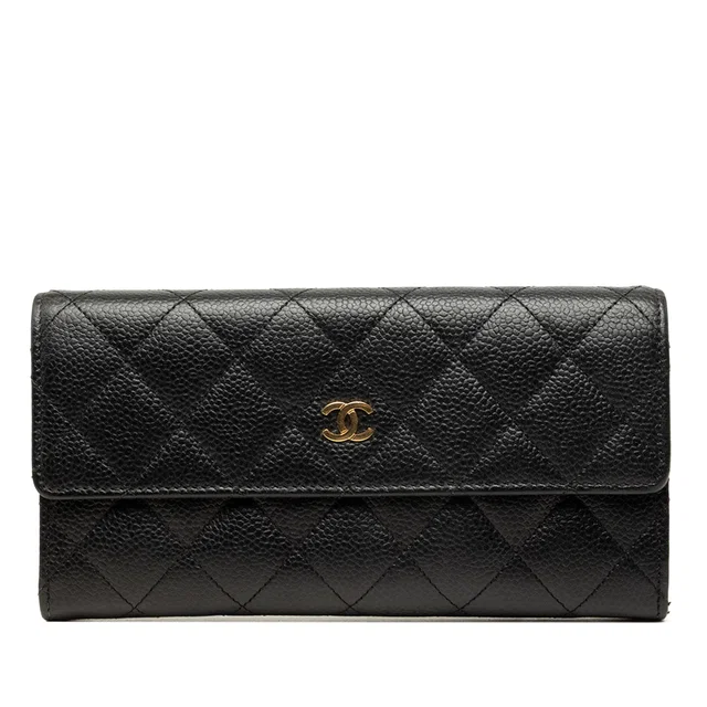 Black Chanel CC Quilted Caviar Flap Long Wallet in Black Caviar leather from Designer Revival