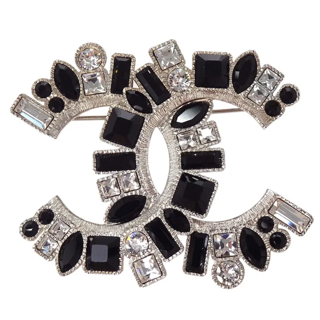 Chanel CC Brooch Pin Silver Black Rhinestone B17V in Black from AMORE Vintage Tokyo