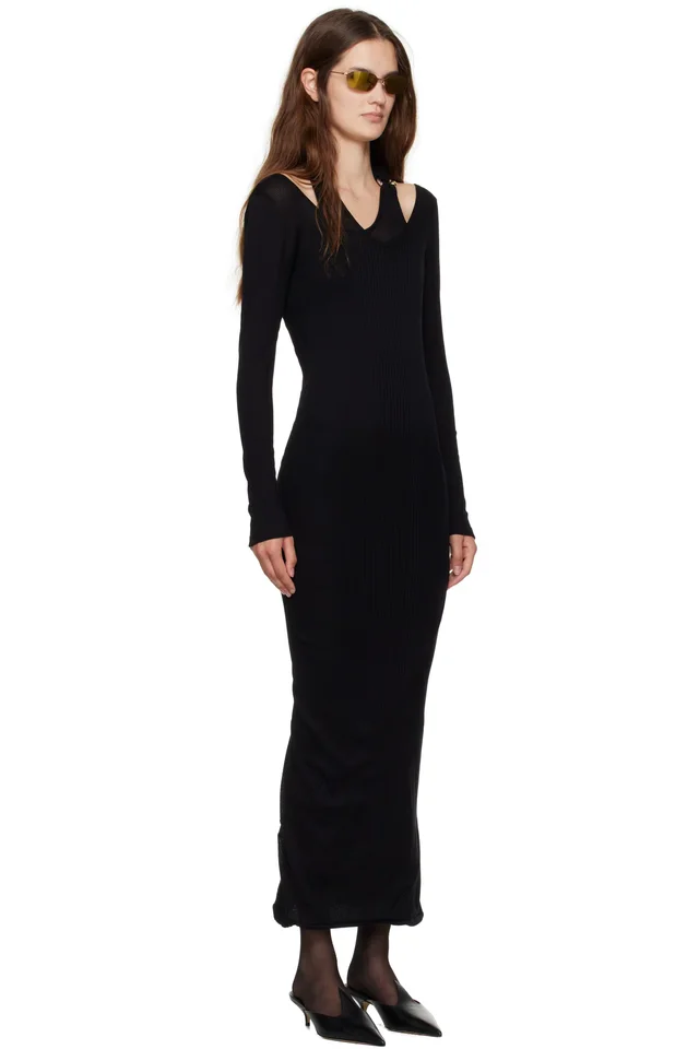 Jean Paul Gaultier Black Ribbed Twisted Double Layer Piercing Midi Dress, photo 2 of 4 from SSENSE