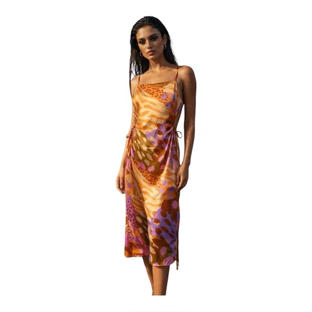Christian Lacroix Printed Satin Side Cut Outs Resortwear Dress in orange|pink Satin from Poshmark