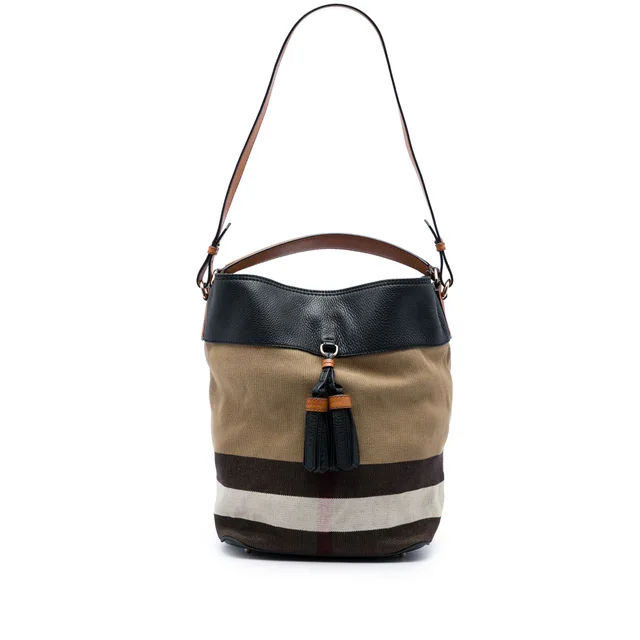 Brown Burberry Medium Mega Check Canvas and Grained Calfskin Ashby Tassel Bucket Bag Satchel in Brown Caviar leather from Designer Revival
