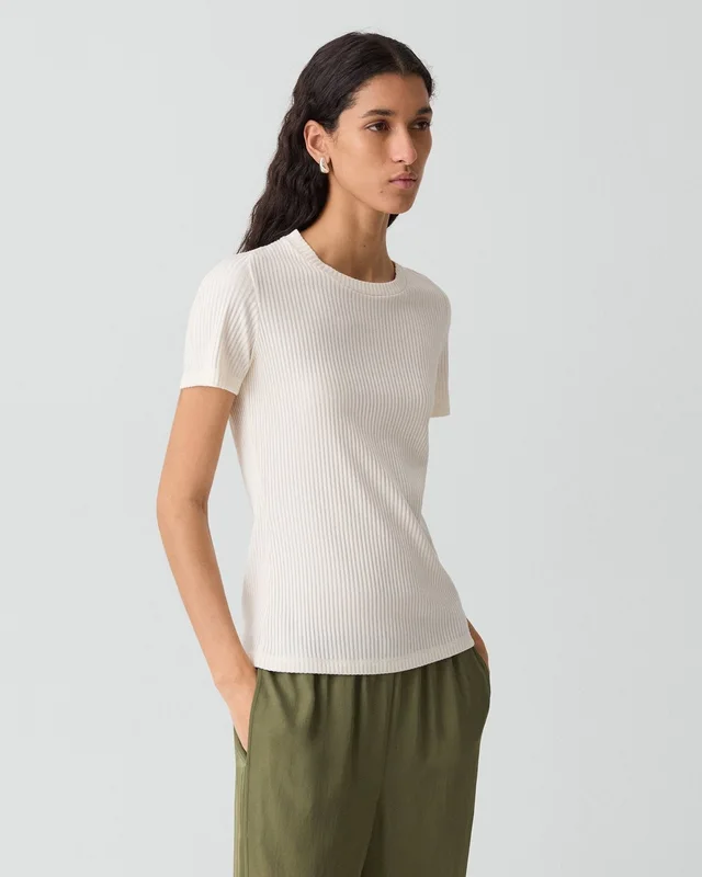 Theory Shrunken Crewneck Tee in Ribbed Cotton-Blend in IVORY, photo 9 of 12 from Theory