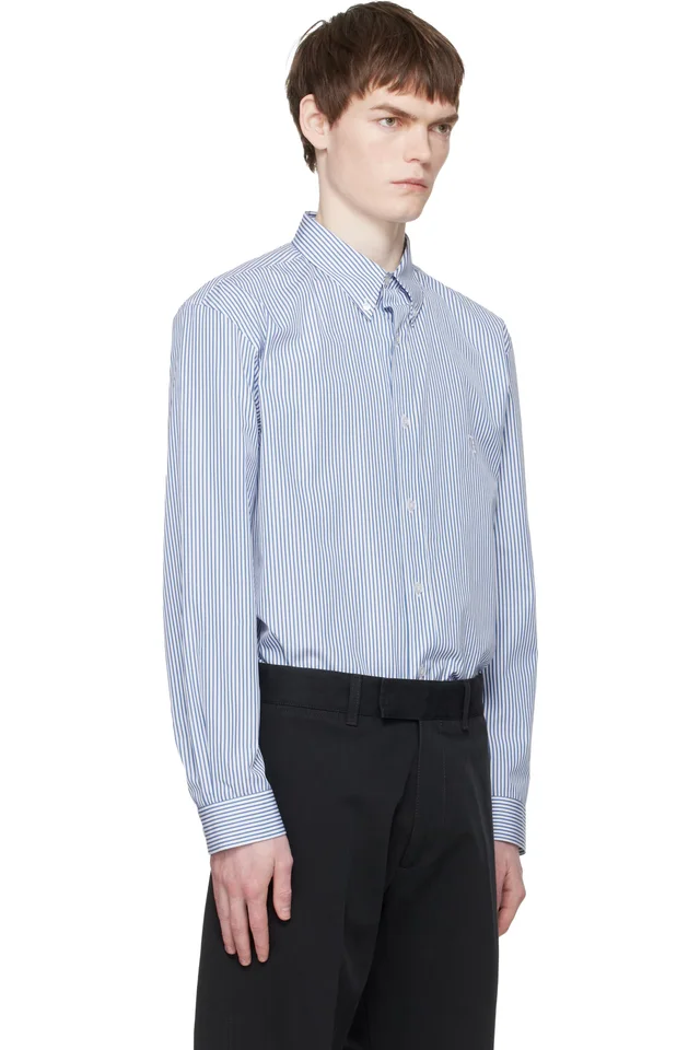 BALMAIN Blue & White Embroidered Pinstripe Popeline Regular Shirt, photo 2 of 5 from SSENSE