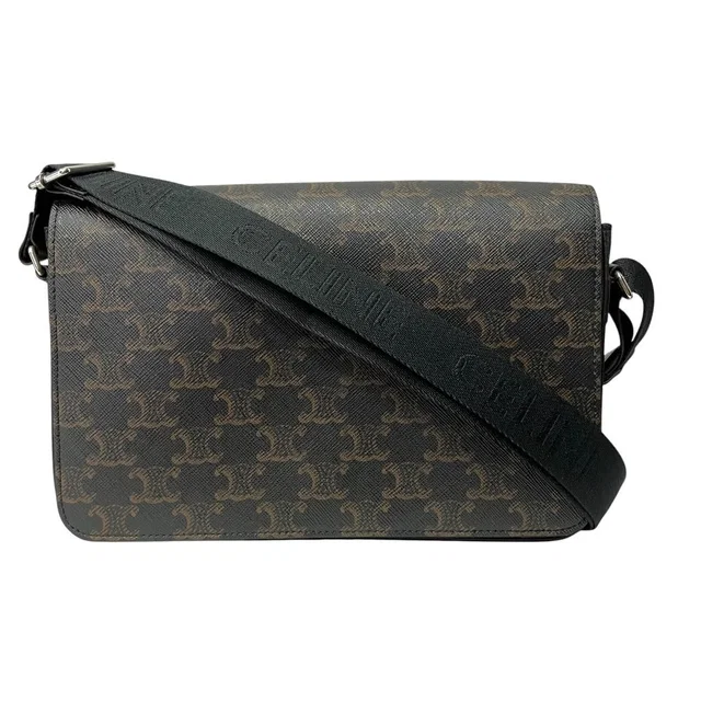 Celine Flap Messenger Shoulder Bag Triomphe Canvas Calfskin Brown in Brown Calfskin from The Reluxe