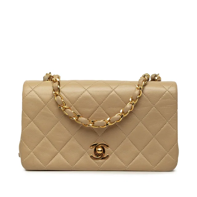 Beige Chanel Mini Rectangular CC Quilted Lambskin Full Single Flap Crossbody Bag in Beige Lambskin from Designer Revival