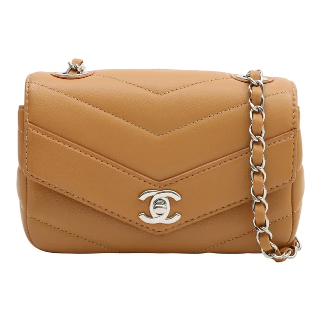 Chanel Made around 2017, caviar leather, chevron stitch, CC turn-lock chain bag mini, camel in Brown Caviar leather from VINTAGE QOO TOKYO
