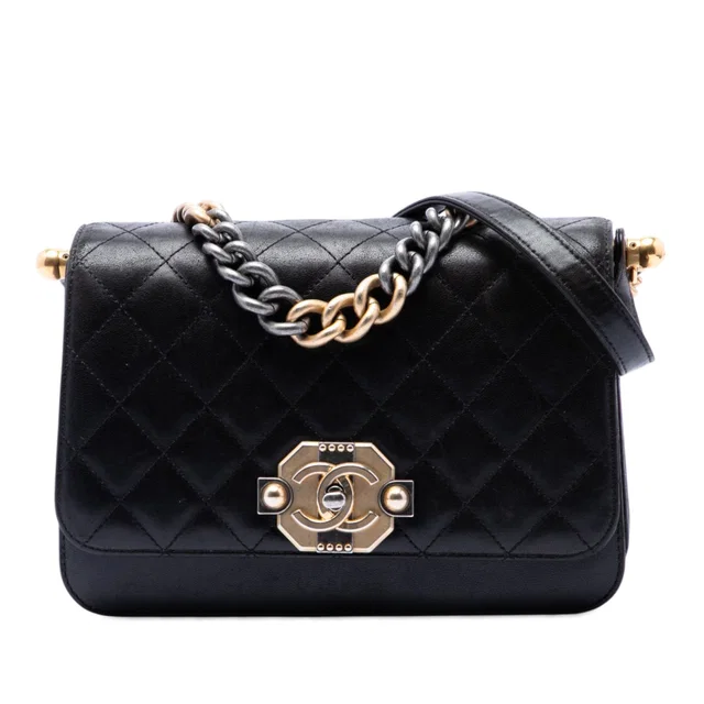 Black Chanel Paris Cosmopolite Medium Quilted Lambskin Ritz Flap Satchel in Black Lambskin from Designer Revival