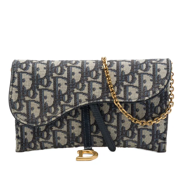 Blue Dior Oblique Canvas Saddle Wallet On Chain Crossbody Bag in Blue Canvas from Designer Revival
