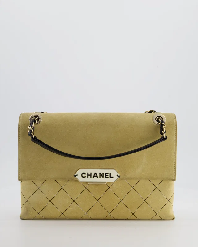 Chanel Beige Retro Label Matelasse Suede Flap Bag in Black Suede from Sellier