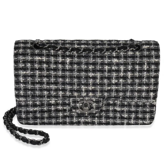 Chanel Black White Tweed Quilted Medium Classic Double Flap in Black Tweed from myGemma