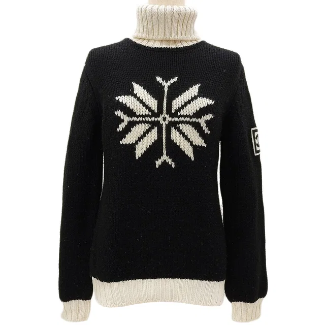 Chanel 2008 Sportline Snowflake Turtleneck Knit Sweater #42 Black/Ivory in Black Wool from VINTAGE QOO TOKYO