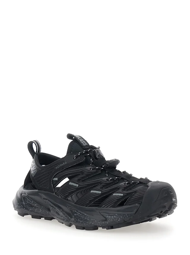 HOKA 'Hopara' Black Sandals with high rubber sole and logo lettering on the side in Tech Fabric Unisex in Black 100% Textile/Rubber, photo 3 of 6 from Gaudenzi Boutique