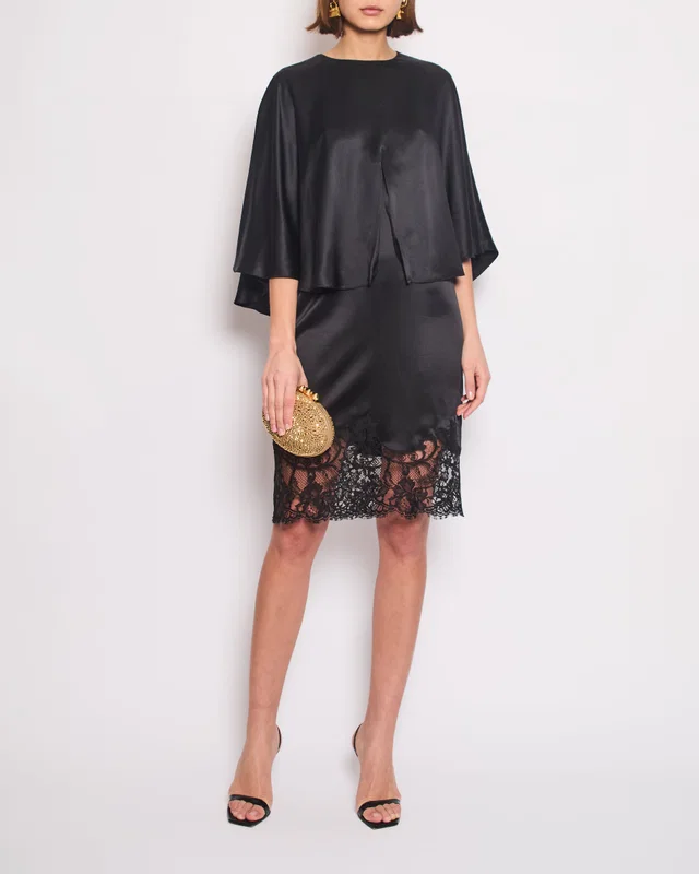 Givenchy Black Silk Midi Dress with Lace and Cape Detail Size FR 38 (UK 10) in Black Silk from Sellier
