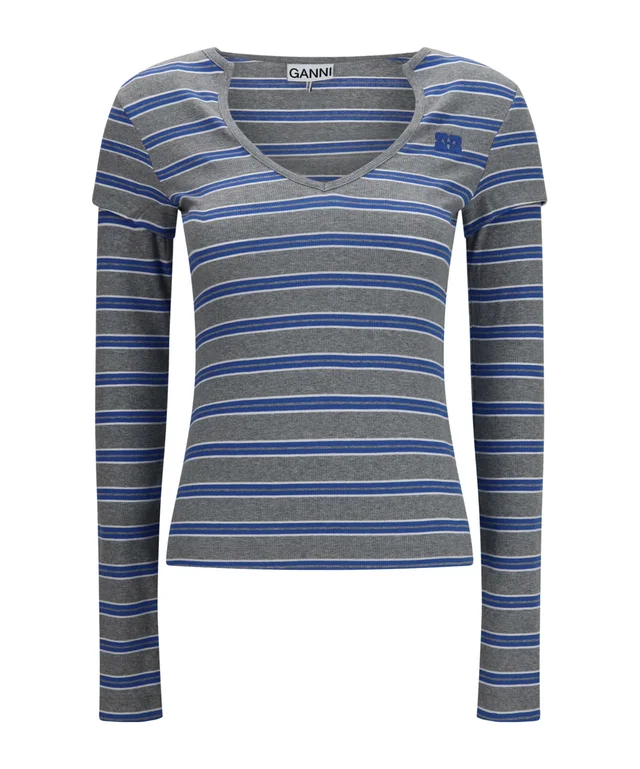 Ganni Ribbed Stripe V-Neck Knitted Top from SENSER, photo 1 of 1