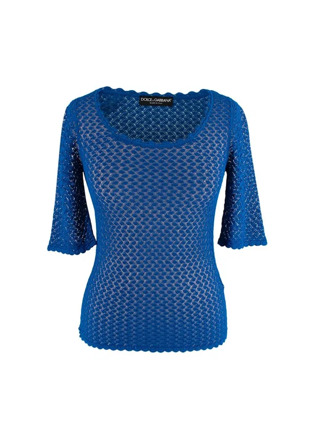 Dolce & Gabbana Blue Sheer Knitted Short Sleeved Top in Blue from HEWI