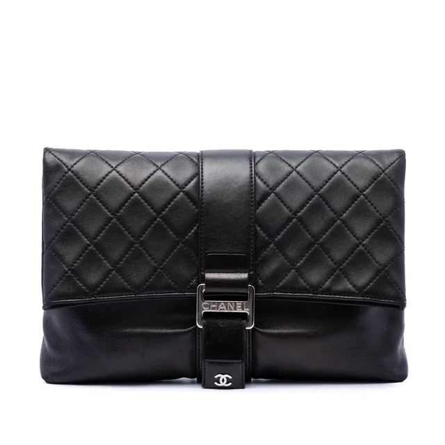 Black Chanel Quilted Lambskin Grip Clutch in Black Lambskin from Designer Revival