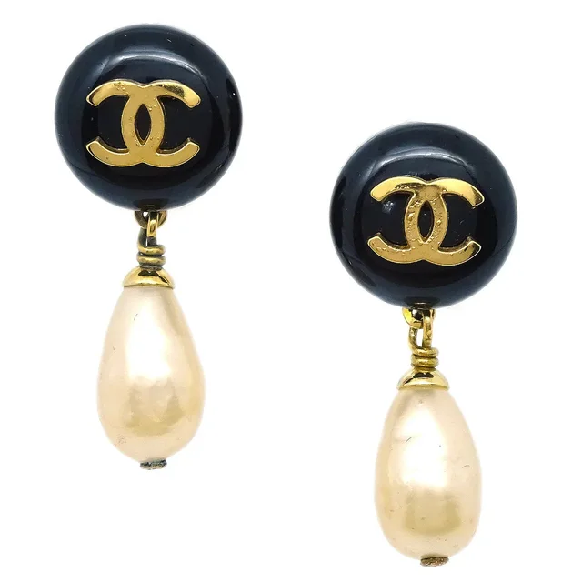 Chanel 1994 CC Black & Faux Teardrop Pearl Dangle Earrings in Black Resin from AMORE Vintage Tokyo