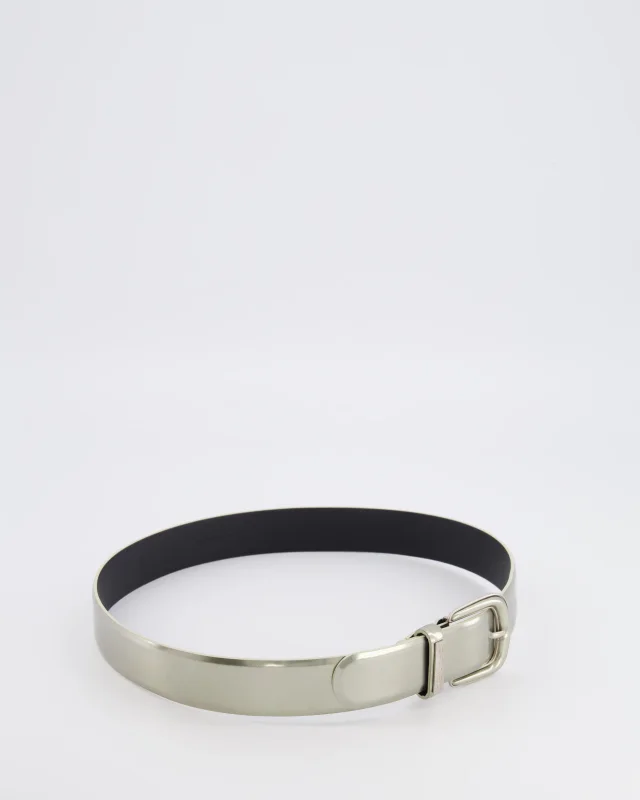 Chanel Silver Metallic Leather Belt with Silver Buckle and Logo Plate Detail 70cm in Silver Leather from Sellier, photo 7 of 9