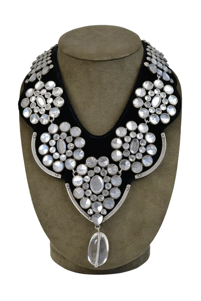Saint Laurent By Tom Ford Crystal And Silver Chunky Necklace 2002 in Silver Velvet from Resurrection Vintage