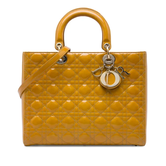 Yellow Dior Large Patent Cannage Lady Dior Satchel in Yellow Patent leather from Designer Revival