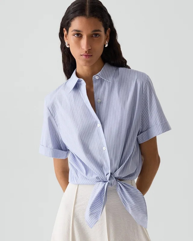 Theory Tie-Front Shirt in Striped Cotton-Blend, photo 5 of 6 from Theory