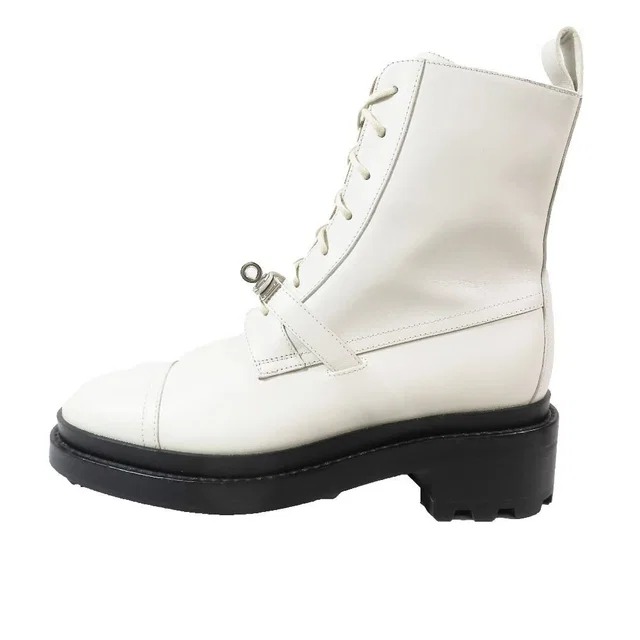 Hermès Funk Kelly Buckle Leather Short Boots Lace Up Shoes White in White Leather from The Reluxe