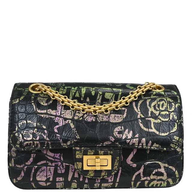 Chanel 2019 Black Embossed Leather Mademoiselle Lock Graffiti Shoulder Bag in Black Leather from AMORE Vintage Tokyo