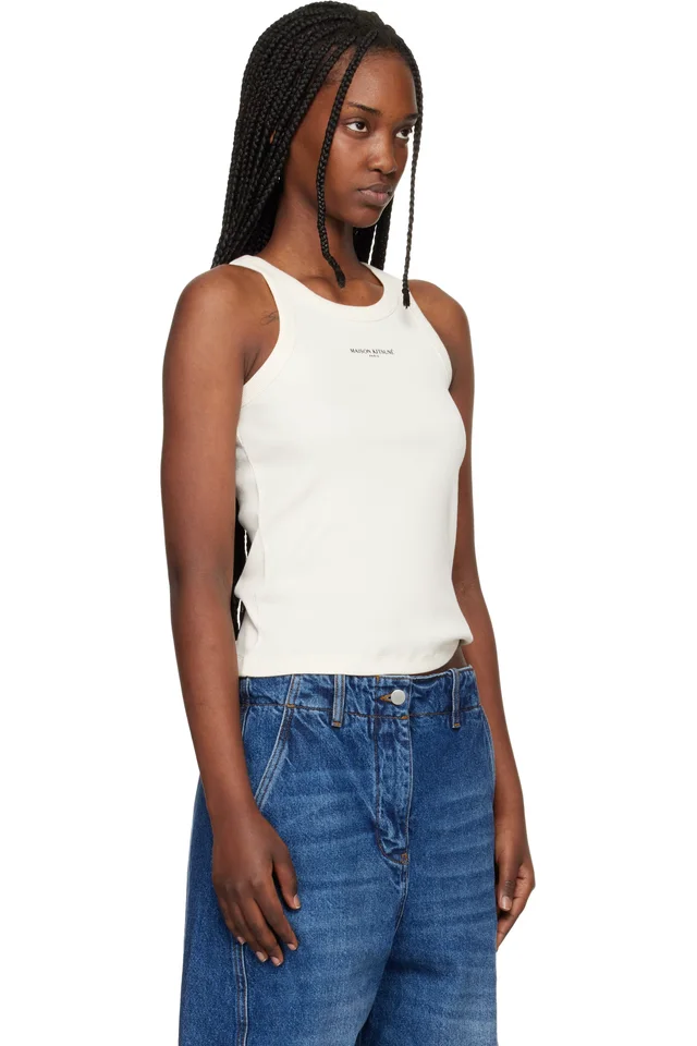 Beige 'Maison Kitsuné Paris' Ribbed Tank Top, photo 2 of 4 from SSENSE