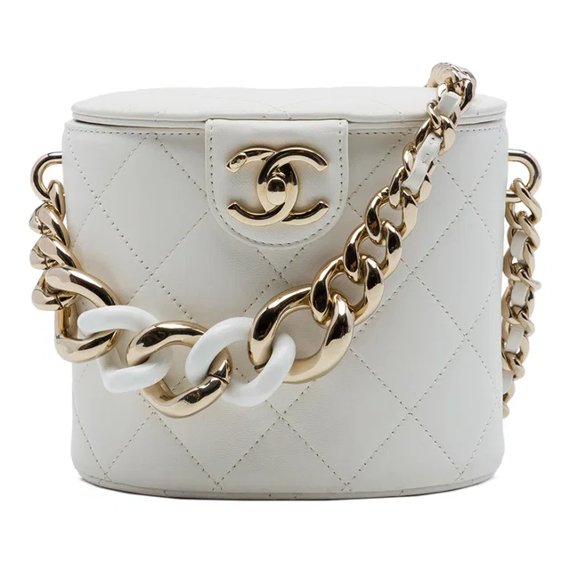 White Chanel CC Lambskin Elegant Chain Vanity Case Crossbody Bag in White Lambskin from Designer Revival